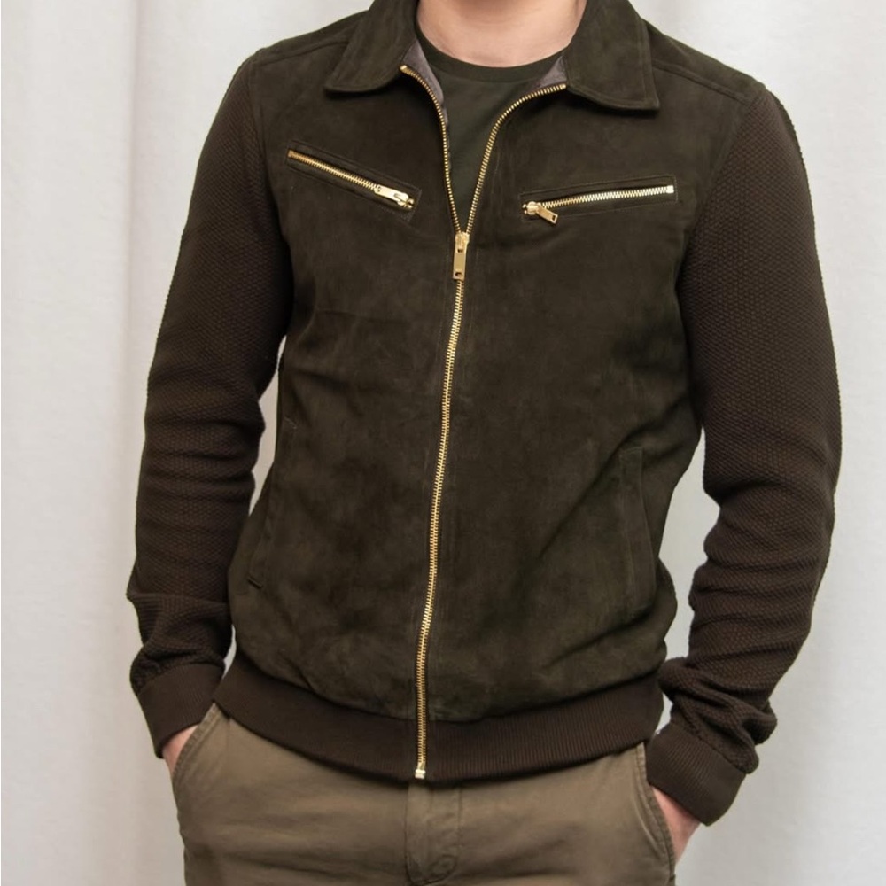 Reiss Olive Suede Jacket with Gold Zippers